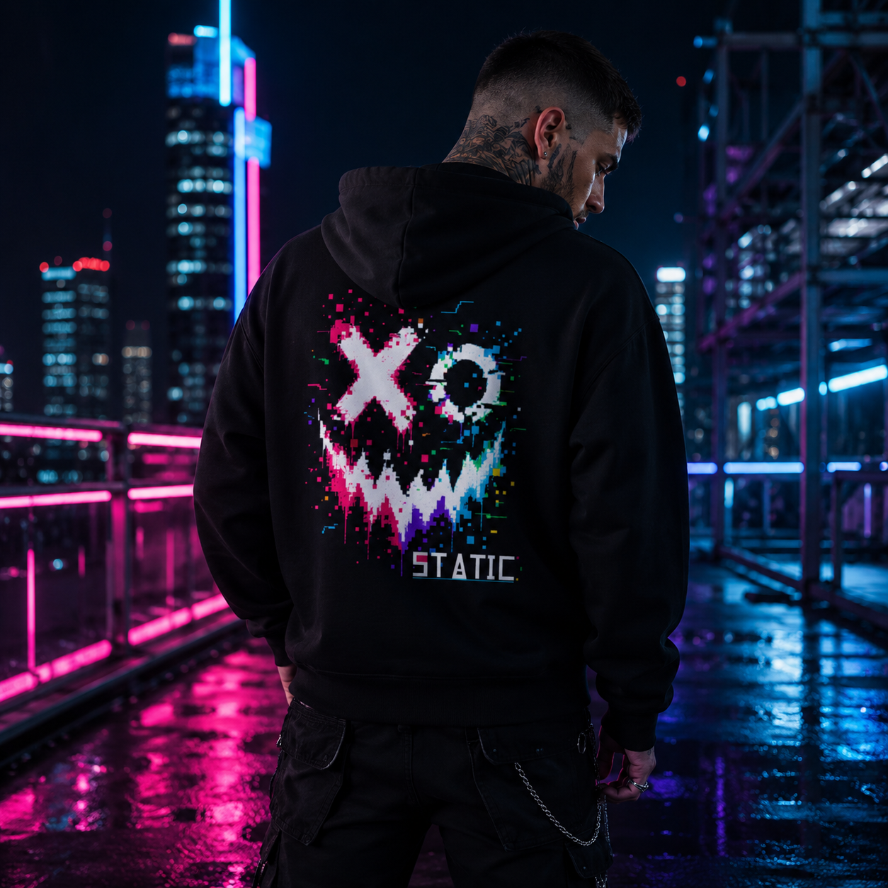 Pixel Riot Oversized Hoodie — Black